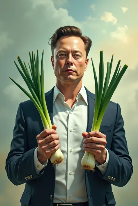 Musk holds two green onions in his left hand and a small wrench in his right hand