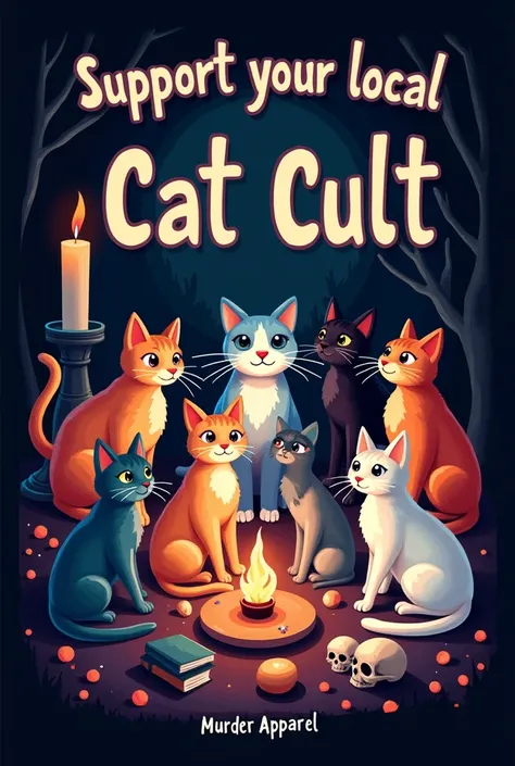 Illustrate a whimsical scene of a Cat Cult gathering. Arrange various cats in different colors and poses in a circular formation. Enhance the mystical atmosphere with elements such as candles, books, and skulls placed around the cats. Add a gradient backgr...