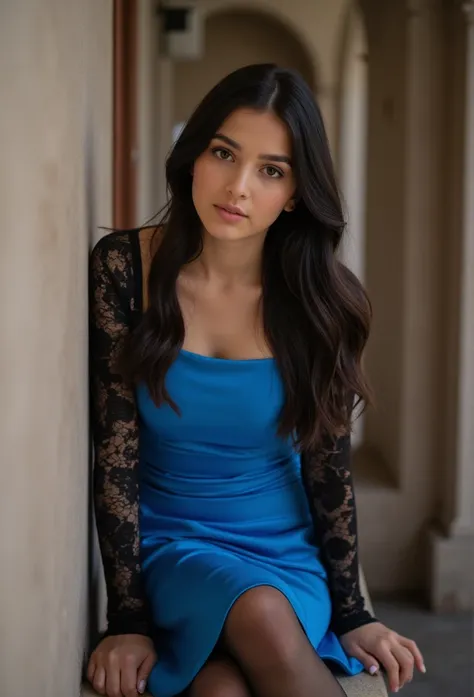 young black haires german woman, beautiful eyes. long black hair. kneelengh dress in blue shiny satin with black lace sleeves, Tights, transparent lip gloss, narrow building, Pretty, 2, Full body photo, long legs, Satin top, Sitting in a church and looking...