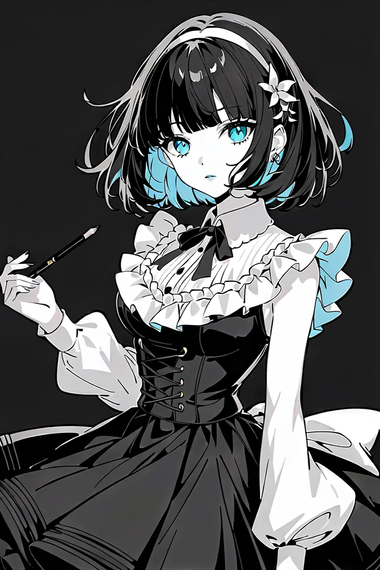 ( best quality, outline:1.2),realistic,illustrator,anime,1 girl, detailed lips, black dress,custom, (monochrome dark background)...