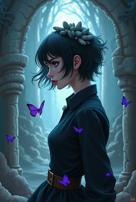 A cover for Whatpped saying  "  Timeless Mess " With mystery ,  fantasy and butterfly effect in relation to temporal manipulation and she the little purple butterfly flying fast . A young woman with a timeless gothic style and short hair and locks of rocks...