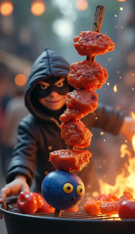 A kebab ，There are 5 pieces of yakiniku on it ， and a blueberry with eyes on the bottom , , a thief, a bad face ， holding a skewer of yakiniku in her hand ， background is a barbecue 