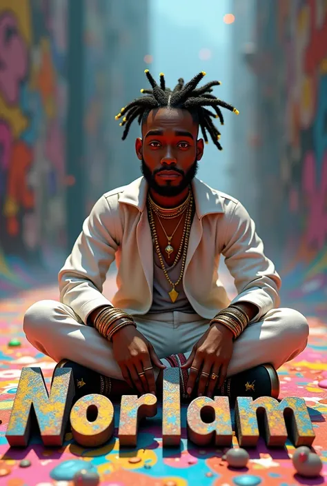 Black man with Asian features with yellow-tipped drelos and a beard dressed up in an animated 3D model looking straight ahead dressed all in white and lots of colored necklaces and bracelets sitting on the name Norlam in 3D in a space with 3D graffiti fill...