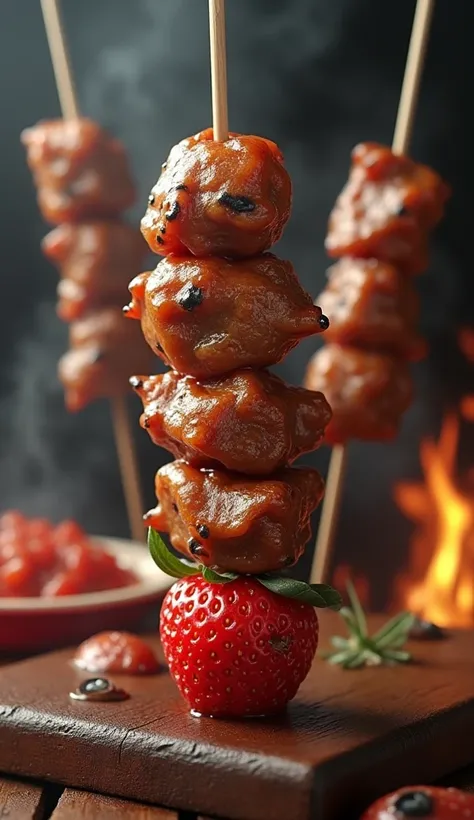 A kebab ，There are 5 pieces of yakiniku on it ，Theres a strawberry with eyes underneath , , a thief, a bad face ，Arrogant and domineering， holding a skewer of yakiniku in her hand ， background is a barbecue 