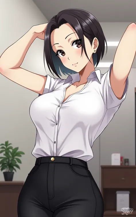 35-year-old adult woman with medium length medium short black hair with black eyes with C-cup breasts wearing a black office vest and also a white button down shirt with long sleeves showing her neckline And finally a black jeans fitted in the background a...