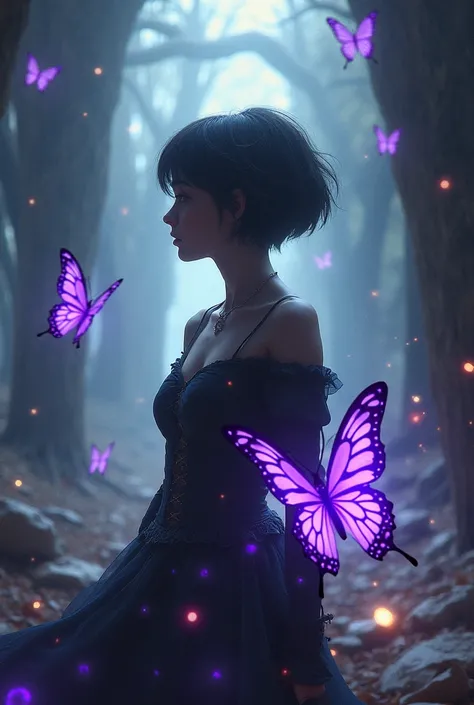 A cover for Whatpped saying  "  Timeless Mess " With mystery ,  fantasy and butterfly effect in relation to temporal manipulation and she the little purple butterfly flying fast . A young woman with a timeless gothic style and short hair and locks of rocks...