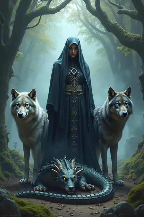 Grey wolf next to a witch with a dragon at her feet