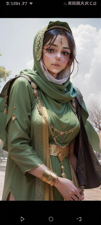 A beautiful grile , Arabian muslim wear , Arabian muslim queen, beautiful eyes, neck pendant, a green kurta , brown shainy hairs, silky hair, green tree background, sony ,  bokhe , blur , futuristic, realistic, daylight,realface