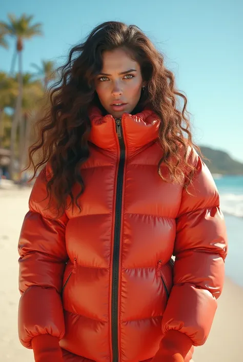 (photorealism:1.2), beautiful woman, wearing a hoodless high collar completely zipped up all the way puffer suit, puffer jacket, down suit, long curly hair, 
Standing on a hot sunny beach in discomfort and distress, 