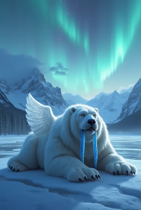 polar bear-owl hybrid with icy wings and a lion-walrus with tusks made of sapphire, resting on a frozen lake under the aurora borealis.