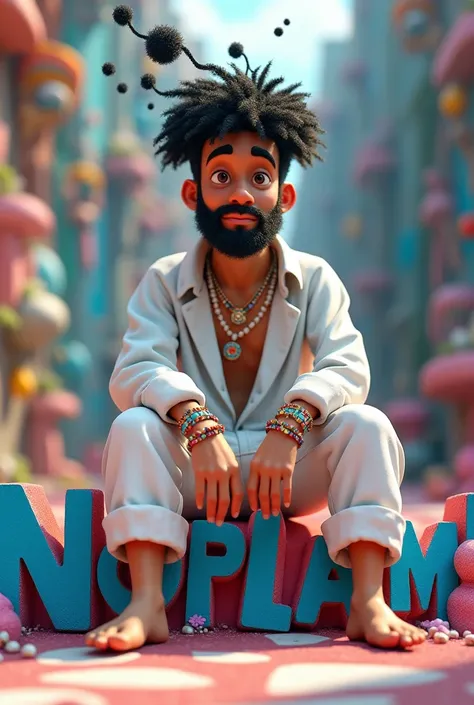 Norlam animated villa with black dreams with yellow tips that fall on his face and short beard in the Yandel style, animated looking straight ahead dressed all in white and lots of colored necklaces and bracelets sitting on the name Norlam in 3D in a space...