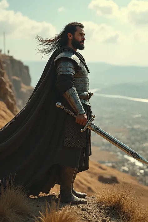 "A UHD cinematic image of said bin zaid a fearless warrior standing atop a hill, sword gleaming, overlooking a battlefield with determination."