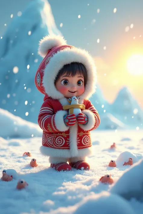 Disney pixar style ,  Antarctica,  snow around the tundrra , bright sun, sun rays,   toy in his hands {x} a small Eskimo in national winter clothes with ornaments.  fur boots ,  fur gloves ,  holds a loshpad . Snow falls ,   macaw snowflakes , polar day . ...