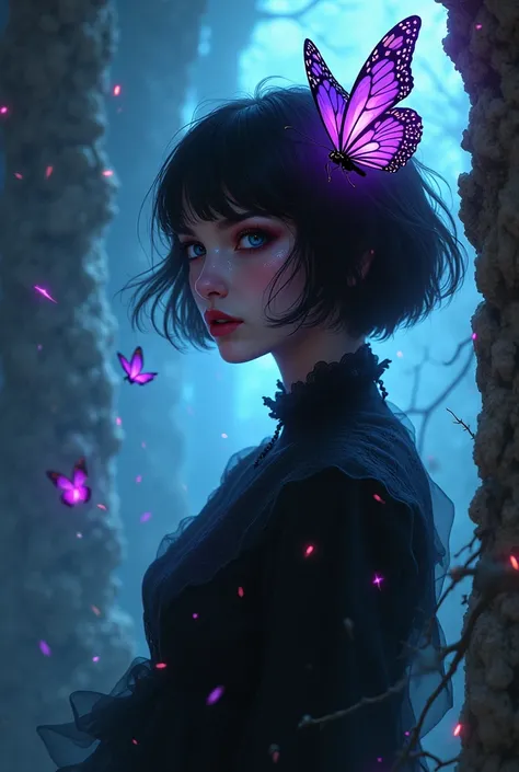 A cover for Whatpped saying  ("  Timeless Mess , Butterfly on top of the name in the corner ") With mystery , Fantasy and butterfly effect in relation to time manipulation and her the small purple butterfly flying fast.  A young woman with a timeless gothi...