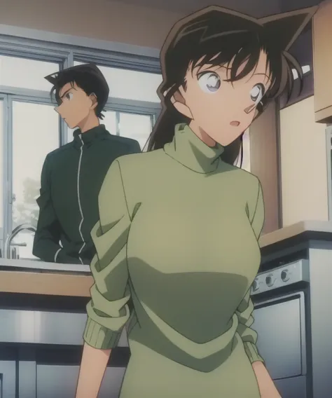 1girl,turtleneck,green miniskirt,light green cropped jacket,green socks,sink,laundry,kitchen,bringing upper body to the sink,ope...