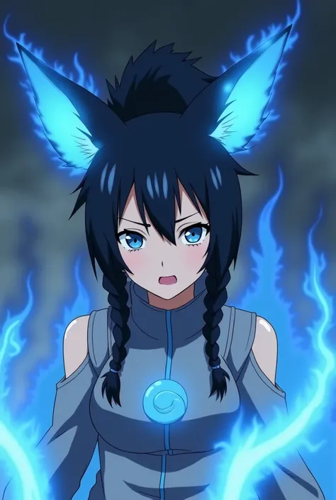 Anime, only Naruto anime show(female Naruto skin color, black) flames ears, and blue aura nine tail fox aura form in blue(Naruto, female outfit, color, silver(and blue design detail trim)Black Hair, Twin Braids, 