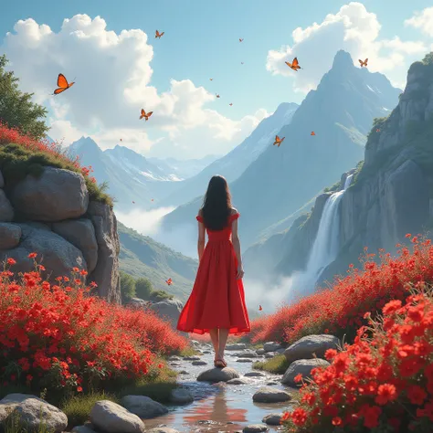 high quality, 8K UltrNatural background realistic, blank in the center, rocks, lots of red Flowers, mountain, bright yred tone, clouds, butterflies, water fall far, A beauty 20age girl in a red comfortable dress on the left