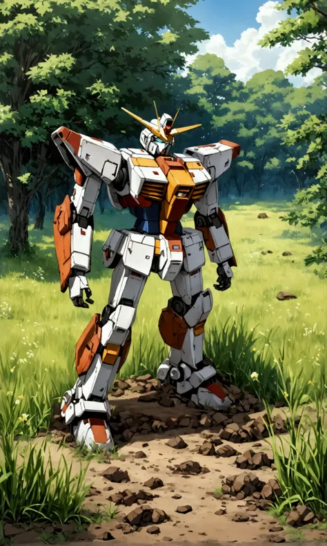 Abandoned, destroyed, mecha are relics of a gundam battle. these remains litter an idealism pasture, covered partly with soil and grasses. rusted mecha s
