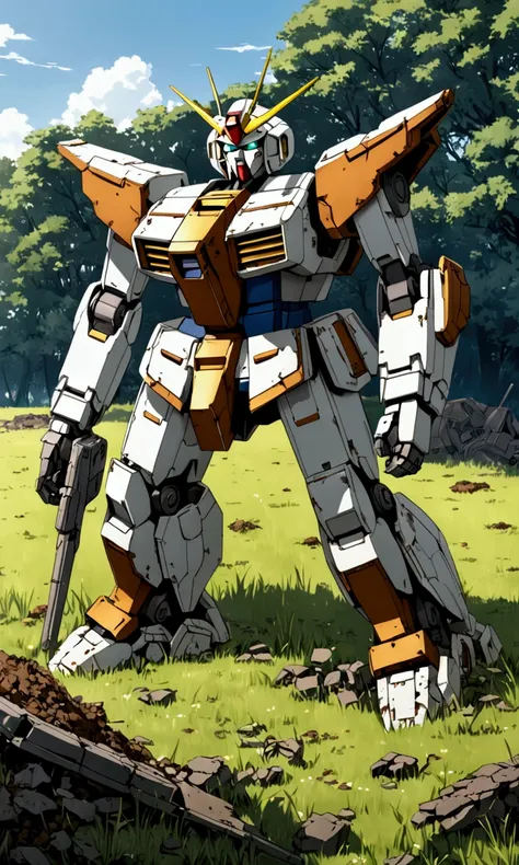 Abandoned, destroyed, mecha are relics of a gundam battle. these remains litter an idealism pasture, covered partly with soil and grasses. rusted mecha s
