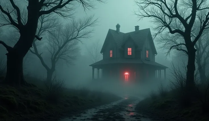 "Create a dark and eerie horror scene with a haunted house in the background, surrounded by dense fog and twisted dead trees. Use a muted color palette dominated by dark greys, deep blacks, and hints of misty white. Add a faint crimson red glow coming from...