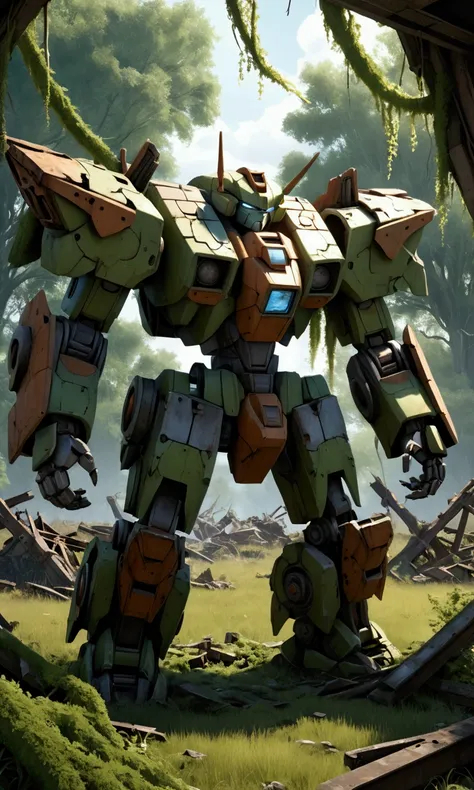 a massive destroyed mecha, rusted and decaying, abandoned in an overgrown field, moss and vines covering its broken frame, haunting remnants of a past battle, dramatic lighting, cinematic composition, photorealistic, highly detailed, 8k, masterpiece