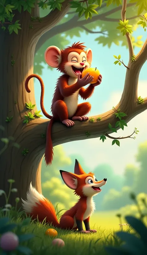 The monkey is sitting on the tree, laughing and eating fruit, while the fox is watching the monkey from below
