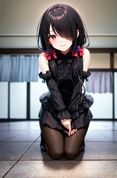 1girl, solo, kneeling, seiza, cckurumi, long hair, low twintails, hair flower, hair over one eye, hair bow, gothic, black dress, ribbon, pantyhose, slippers, sitting, smile, looking at viewer, leaning forward, indoors, living room, television, window, plan...