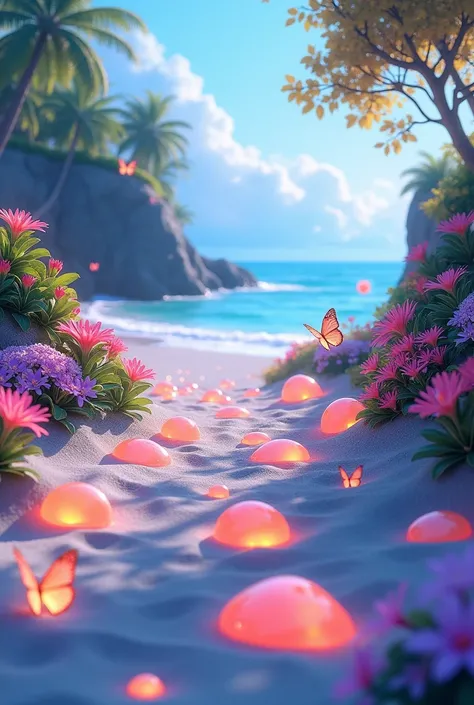 Créé une image en 3D Écrit: 21 novembre sur limage Sur une plage remplie de pierres lumineuses, avec de belles fleurs et papillon