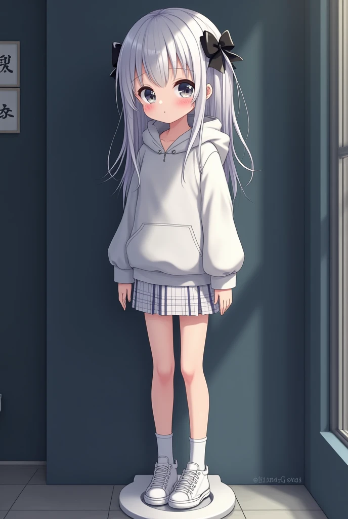 white hoodie with no lettering ,  short white plaid skirt,  standing with a strand of white hair,  hair is white, , Wearing a dark white ribbon , Eyes are dark white, , eyes are small, Short stature, Small hands , My hands are thin,  slim body, and , An an...