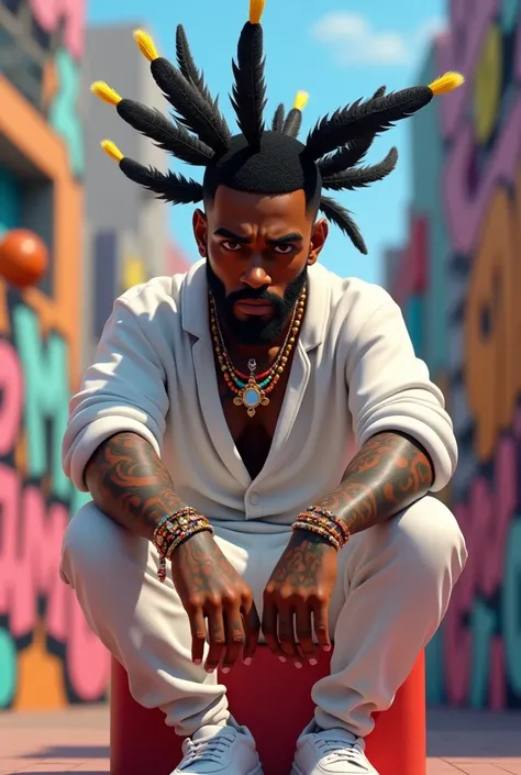 Brown-colored male singer Norlam the melody with tattoos on his hands and arms in animated style with black hundreds with yellow tips that fall on his face and short beard in Yandel style staring intently in front dressed all in white and many colored neck...