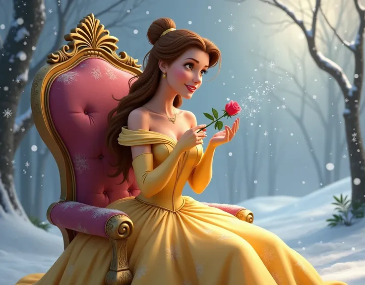 Princess belle holding a rose and sitting on a luxury chair in snow place 