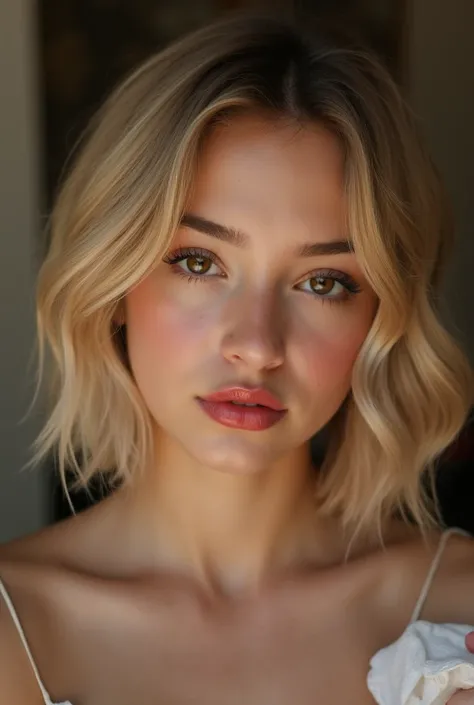 , face close-up ,15-year-old girl, (cute), (:1.6),Big Mouth , Thick lips,  moist lips  ,  Plump Lips, Plump Lips, Lips that shine with lip gloss, blond,  Very detailed, short bob hair, (masterpiece,  Side Lighting ,   Stylish eye makeup with attention to d...