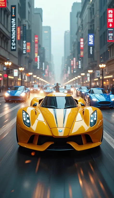 **Prompt:**

In a not-so-distant future, the citys streets have been transformed into a thrilling racetrack, where flying cars compete at breakneck speeds. The insane race is in full swing, and the yellow car, driven by an ultra-modern robot, confidently l...