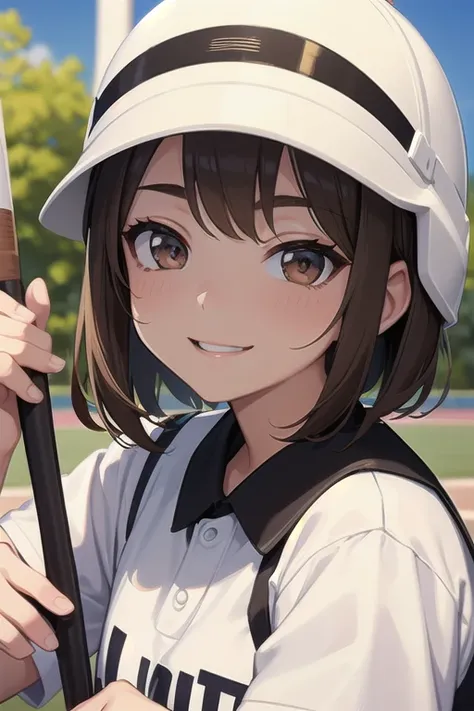  best quality、masterpiece、  high definition  、Fine wrinkles、beautiful、  1 girl、 brown hair、 Big brown eyes、 Shorthair、smile、 Looks like playing softball 、 white and blue uniform、、 wearing a black baseball helmet、 holding bats 、Ground、sunny、