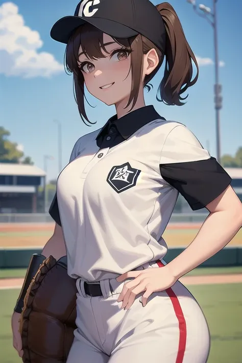  best quality、masterpiece、  high definition  、Fine wrinkles、beautiful、  1 girl、 brown hair、 Big brown eyes、 Shorthair、smile、 Looks like playing softball 、 white and blue uniform、、 wearing a black baseball helmet、 holding bats 、Ground、sunny、