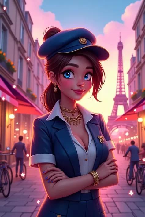 "Create a vibrant animated profile picture inspired by French aesthetics for TikTok. The image should feature a sleek and modern character with a Parisian vibe, incorporating elements like the Eiffel Tower, stylish berets, and vintage bicycles in the backg...