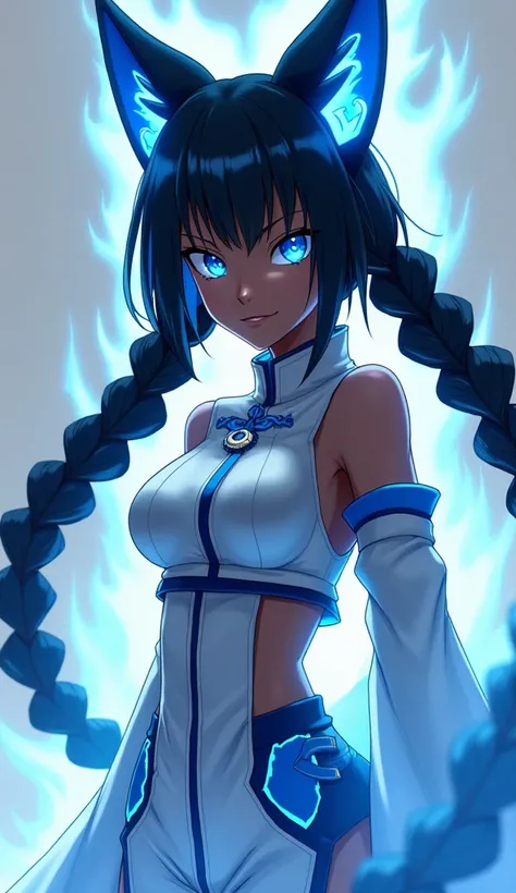 Anime, only Naruto anime show(female Naruto skin color, black) transparent,flames ears, and blue aura nine tail fox aura form in blue(Naruto, female outfit, color, silver(and blue design detail trim)Black Hair, Twin Braids, 
Nine tail fox eyes and blue