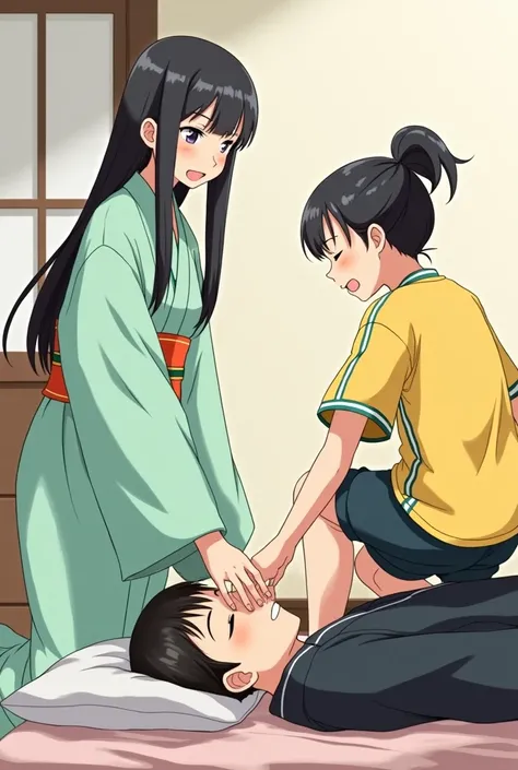 Long straight black hair、The older sister who wears a mint green yukata is elegant 。 The younger sister in the yellow jersey has a ponytail showing activity 。The younger sisters stand up and happily stomp on the face of their sleeping older brother、 the ol...