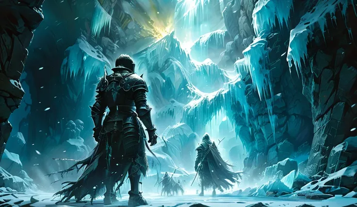 anime aestetics, icy cave, undead knights walking toward viewer, skeleton warrirors, wearing sword and shield, walls made of ice, dim light, icicles, ray tracing, beautiful reflections, light from torches, ancient cave, fantasy aestetics, dnd, dungeons and...