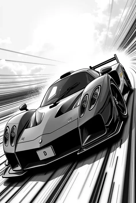 an anime looking car like comic book racing black and white with the license plate only the letter D make it more anime looking 