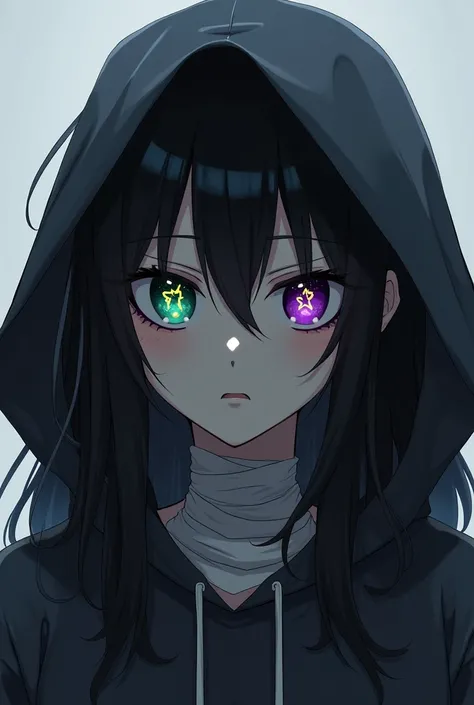 Shizukus hood fell, and bandages fell off her eyes, her black sclera, purple iris, and yellow star pupil showing, while her other eye was a normal emerald green with a normal pupil, and her long, messy, black hair visible