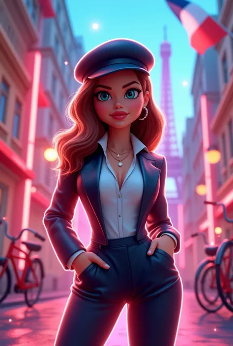 "Create a vibrant animated profile picture inspired by French aesthetics for TikTok. The image should feature a sleek and modern character with a Parisian vibe, incorporating elements like the Eiffel Tower, stylish berets, and vintage bicycles in the backg...