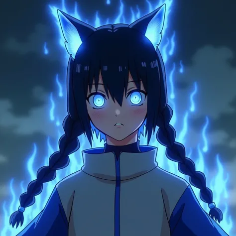 Anime, only Naruto anime show(female Naruto skin color, black) transparent,flames ears, and blue aura nine tail fox aura form in blue(Naruto, female outfit, color, silver(and blue design detail trim)Black Hair, Twin Braids, 
Nine tail fox eyes and blue