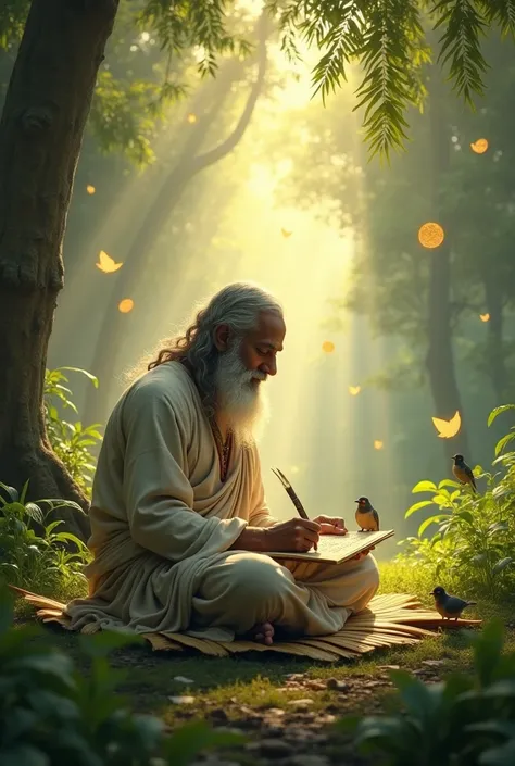 "An ancient Indian sage sitting cross-legged in a peaceful forest clearing, writing on palm leaves with a quill. His face radiates wisdom, and the atmosphere is serene, with soft golden light and floating Vedic symbols in the air. Birds perch nearby, addin...