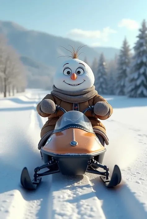 realistic snowman driving a snowmobile