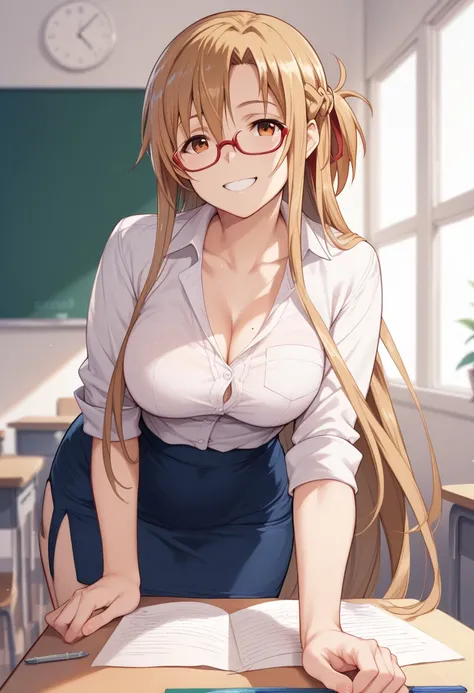  Asuna Yuuki from sword art online, teachers clothes, With glasses in front of you smiling 