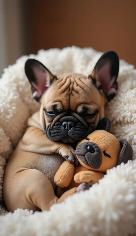 "A highly realistic depiction of a French Bulldog puppy, sleeping soundly on a soft blanket in a vertical frame. The puppy is hugging a small, cuddly plush toy shaped like a miniature French Bulldog, its paws wrapped around it in an endearing pose. The plu...