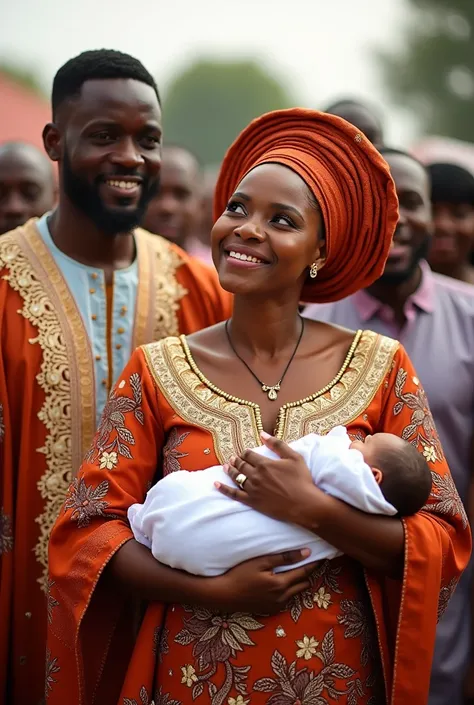 A Nigerian woman dressing gorgeously carrying a baby beside her husband on her  christened day. She was crying in joy in front chewing of well wishers.