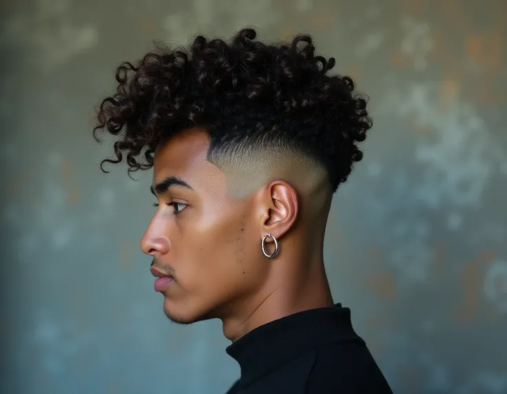 This image shows a person with curly hair styled in a modern haircut. The sides of the head are shaved in a fade style, while the top has voluminous, curly hair. The background is blurry smogy slightly textured wall. The face of the person is blurred out, ...