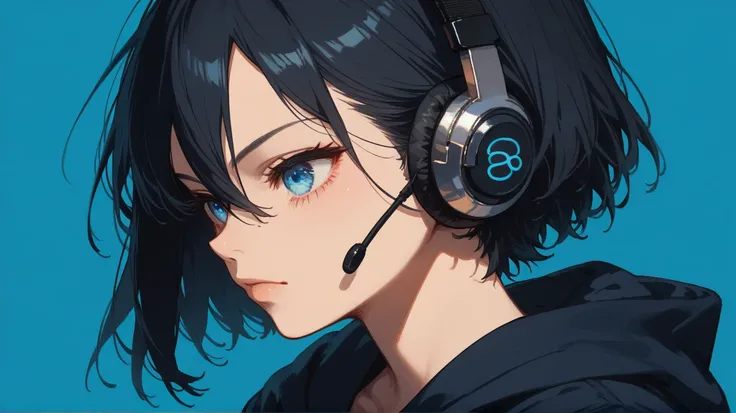  1 girl,Alone, black hair, Shorthair, hair between eyes, blue eyes, perfect eyes,Eyebrow,  with a hoodie  , headphones ,From the side,Side View, bust up, blue background,Tokyo night view,whole body,Synogic , flat color 